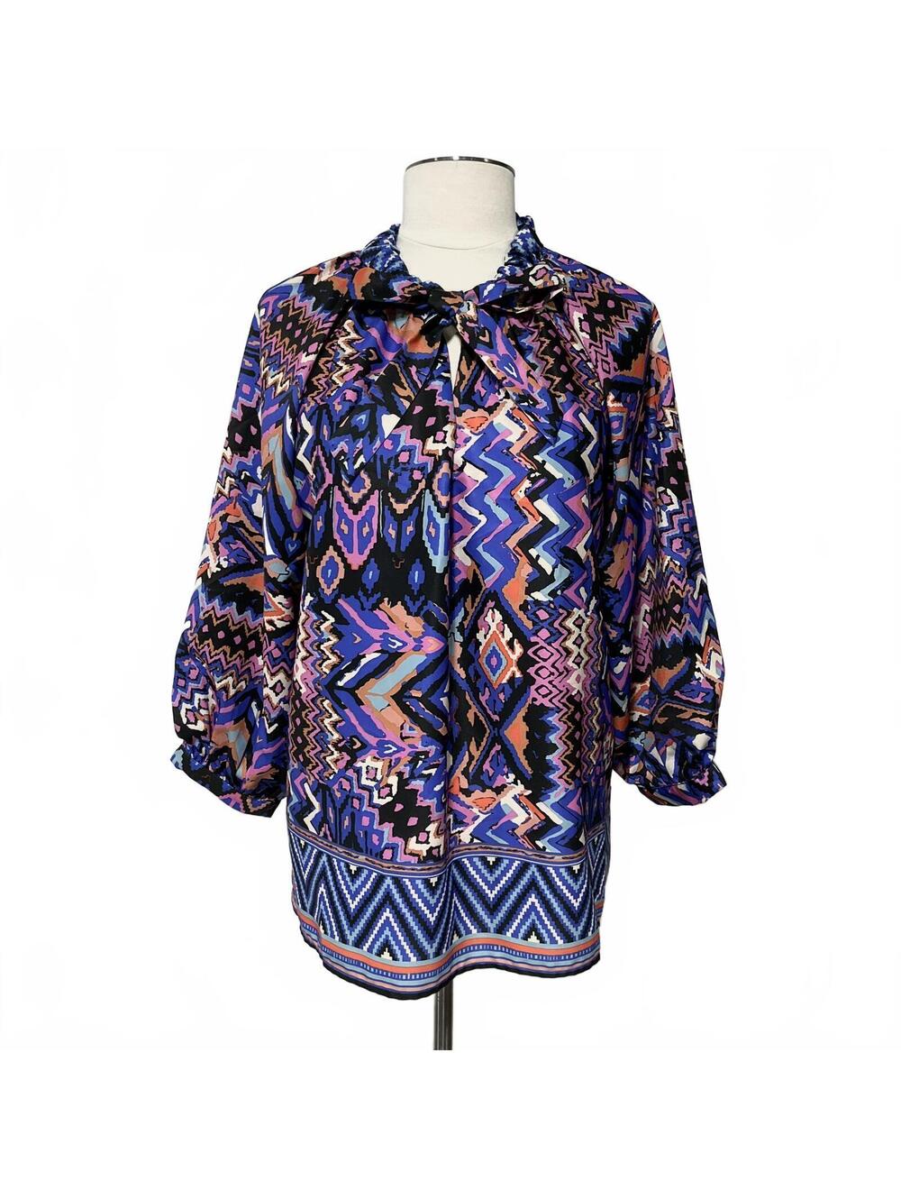 Jade Medium Multi-Color Geometric Pattern Blouse with Tie Neck dd9